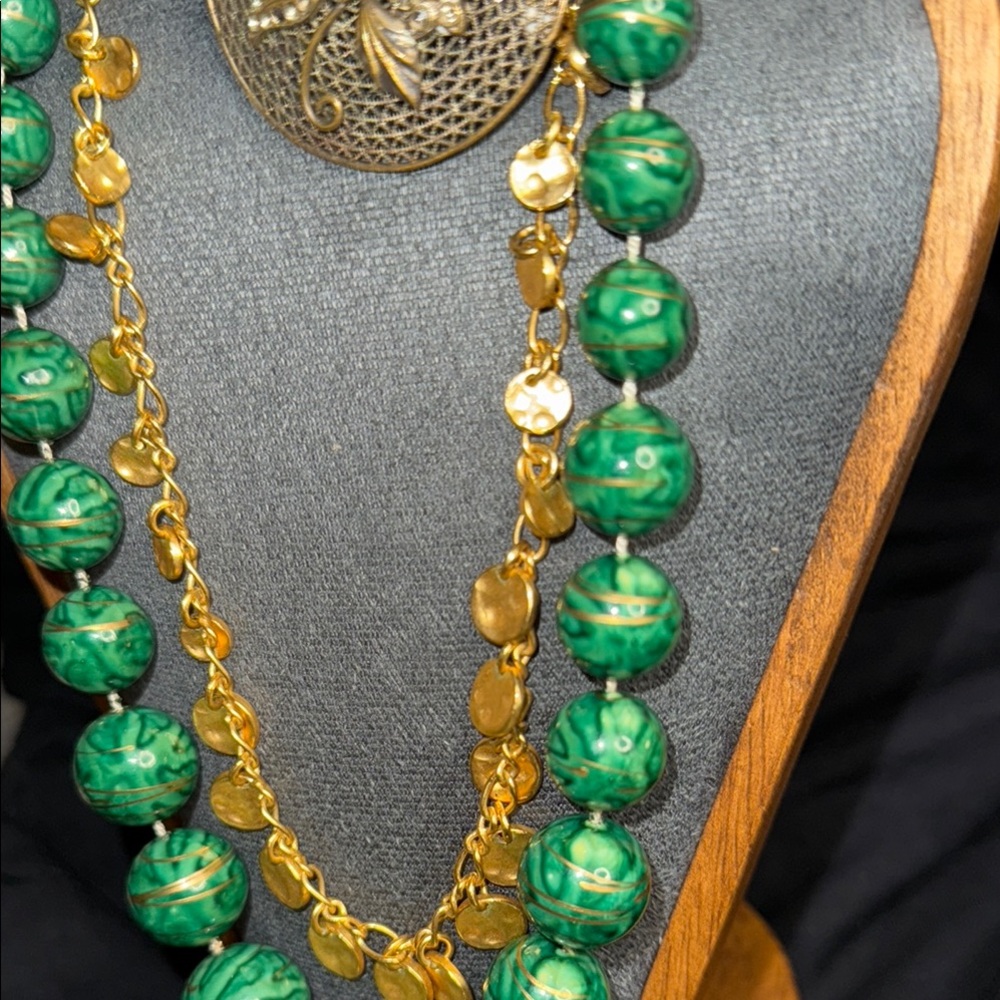 Green & Gold Handmade necklace & Antiqued Gold Coin necklace & Vintage Pin